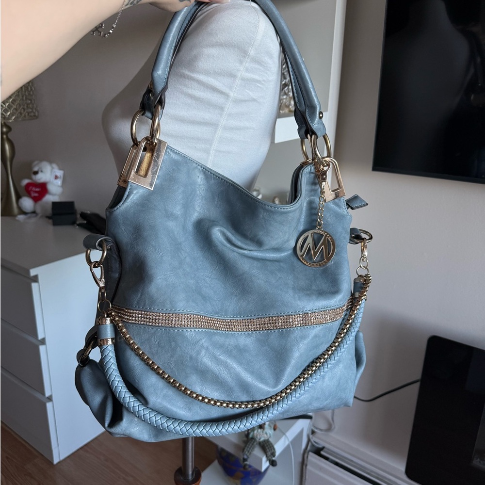 Blue Handbag with Gold Accents